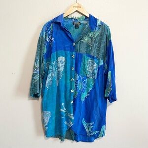 Tropical Tantrum Blue and Green Butterfly Oversized Button Down Tunic One Size